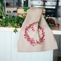 Helen Round Linen Tea Towel - Flower & Leaves - Natural