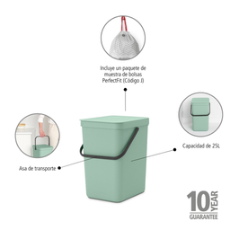 brabantia Sort & Go Afvalemmer, 25 Liter - Jade Green