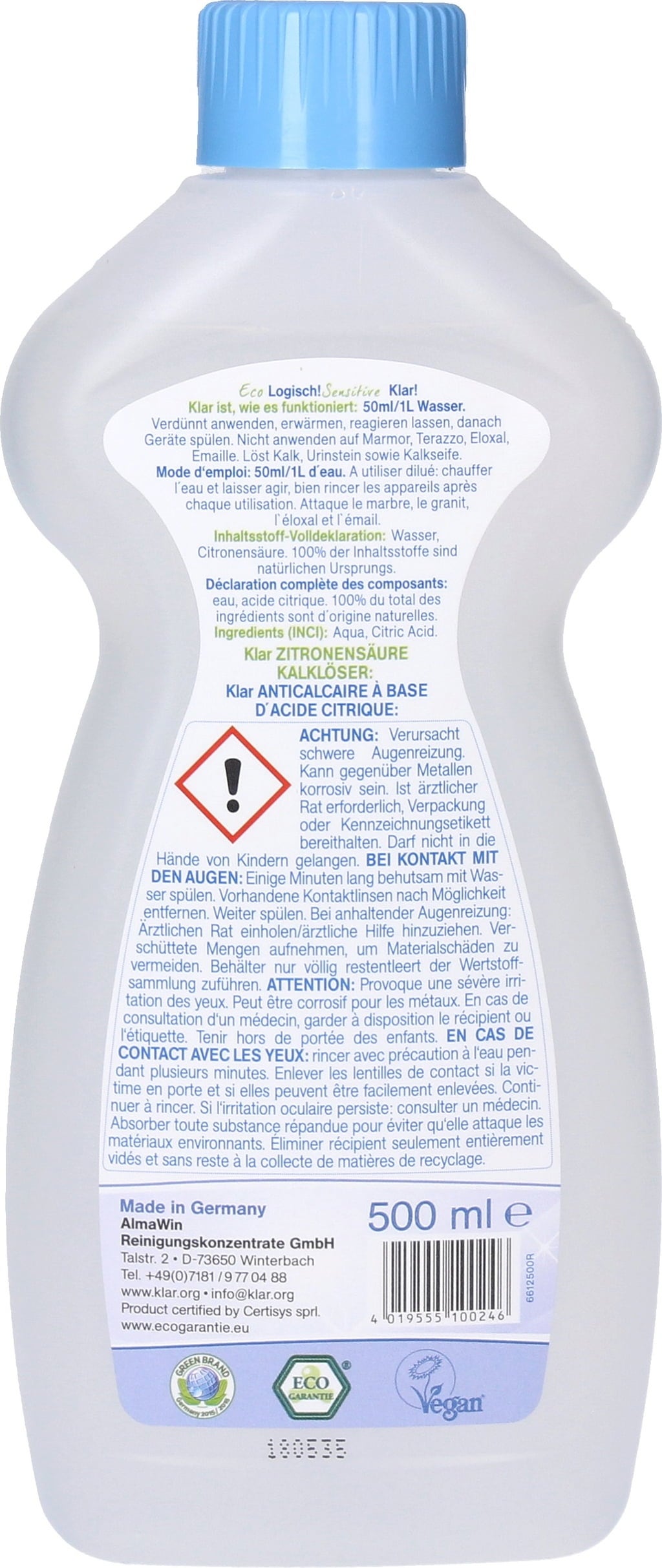 Klar Citromsav - Vízkőoldó - 500 ml